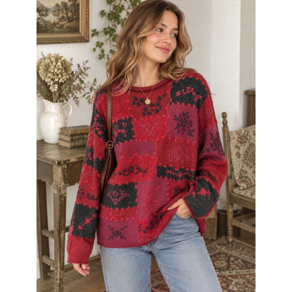 Vintage 90s Floral Patchwork Embroidered Sweater Boho Cottagecore Roll Neck XL